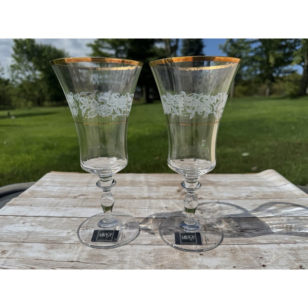 2 MIKASA Antique Lace 8" Iced Tea Goblets Glasses Gold Trim Etched NEW With Tags